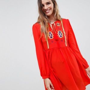 GLAMOROUS Smock Dress w/ Tassel Ties & Embroidery